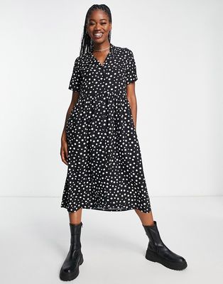 Monki midi button through shirt dress in black and white spot