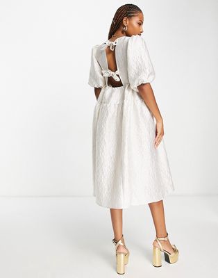 Monki midi puff sleeve dress with cut out bow back in silver