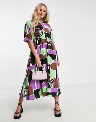 Monki midi smock shirt dress in abstract print-Multi