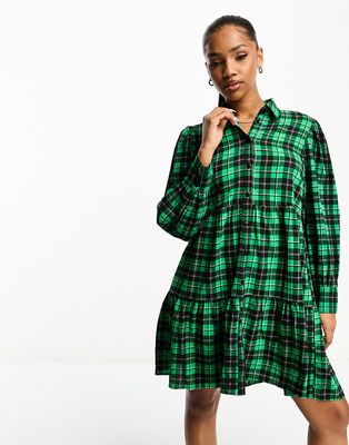 Monki mini shirt dress with tiered hem in green check