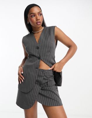 Monki mix & match asymmetric wrap mini skirt in gray pinstripe