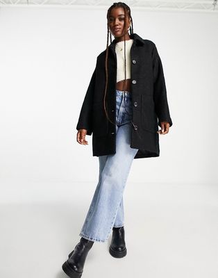 Monki Nimra relaxed longline coat with buttons in black