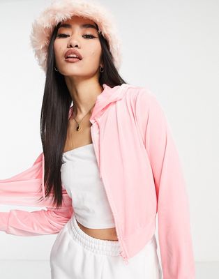 Monki Nomi polyester velvet zip up hoodie in pink - part of a set - BPINK