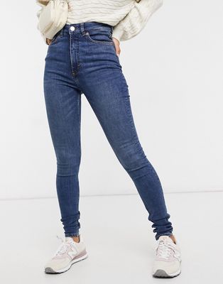 Monki Oki cotton skinny high waist jeans in new mid blue - MBLUE-Blues
