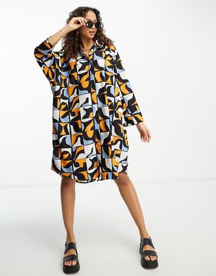 Monki oversize mini shirt dress in abstract shape print-Multi