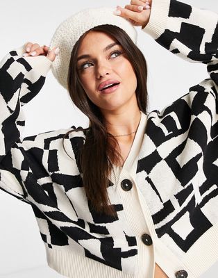 Monki oversized boxy cardigan in monochrome abstract knit-White