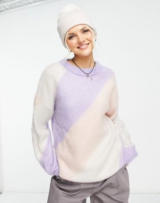 Monki oversized fluffy sweater in pink and purple stripe-Multi
