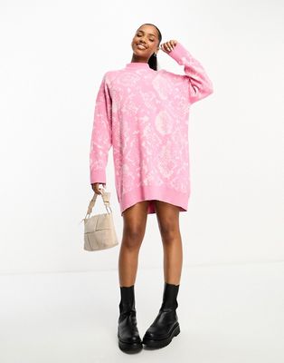 Monki oversized knitted mini dress in pink snake print