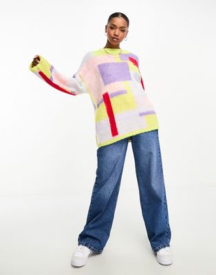 Monki oversized knitted sweater with jacquard color blocking-Multi