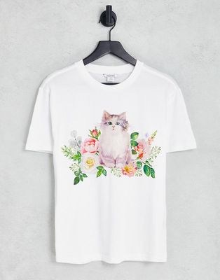 Monki oversized tee with cat floral logo in white