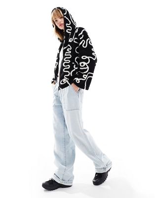 Monki oversized zip front hooded sweater in mono scribble print-Multi