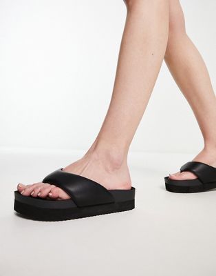 Monki padded PU thong sandals with wide straps in black