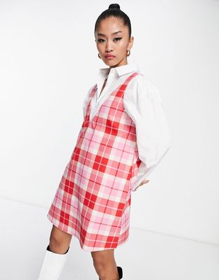 Monki pinafore mini dress in red and pink check