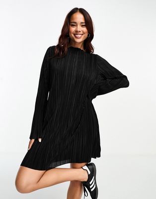 Monki plisse midi dress with fluted sleeves in black