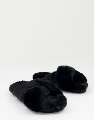 Monki polyester faux fur mule slippers in black - BLACK