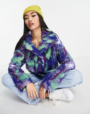 Monki polyester high neck teddy sweatshirt in green and blue marble print - MULTI