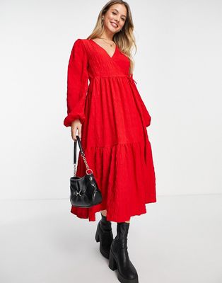 Monki polyester wrap midi dress in bright red - RED