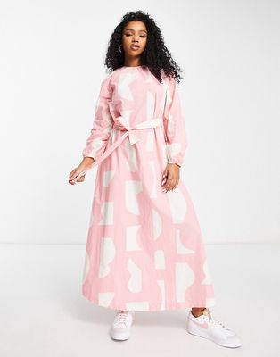 Monki poplin tie waist maxi dress in pink print