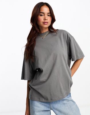 Monki relaxed high neck t-shirt in washed denim look-Black