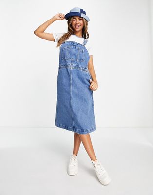 Monki relaxed overalls midi dress in mid wash blue