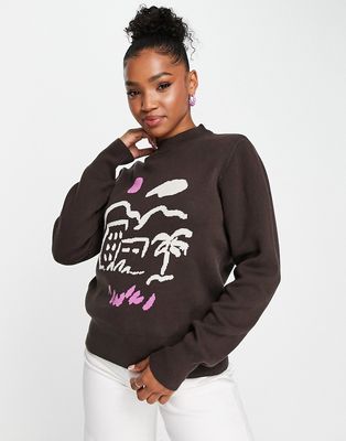 Monki relaxed sweater in brown countryside scenic knit