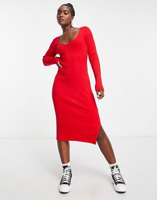 Monki rib knit bodycon midi dress in red