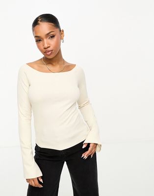 Monki ribbed boat neck long sleeve top with slits in off white