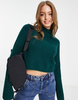 Monki ribbed knitted sweater in forest green-White