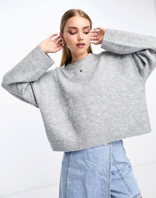 Monki round neck relaxed knitted sweater in light gray melange