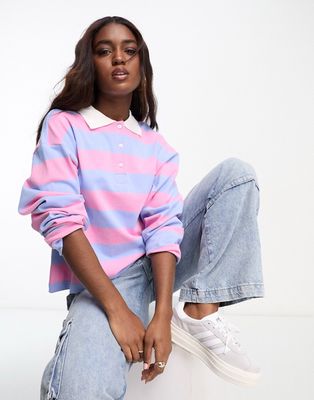 Monki rugby shirt in blue and pink stripe-Multi