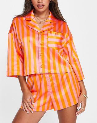 Monki satin shorts pajama set in pink and orange stripe-Multi