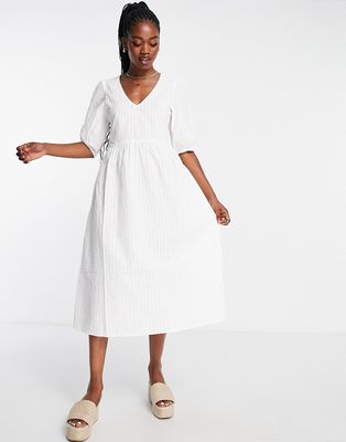 Monki seersucker puff sleece midi dress in white