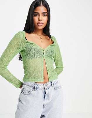 Monki sheer lace cardigan top in green