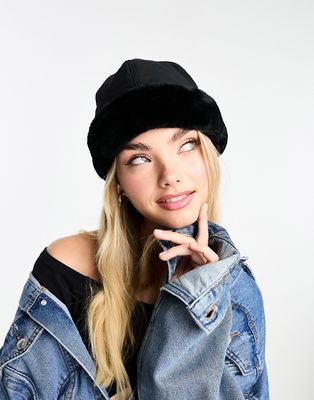 Monki short padded hat with faux fur trims in black