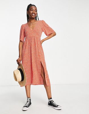 Monki short sleeve midi dress with side slit in ditsy floral-Multi
