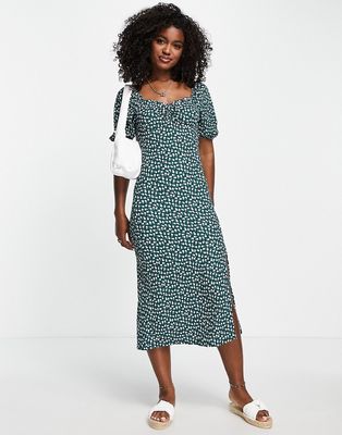 Monki short sleeve midi dress with side split and puff sleeves in ditsy floral-Multi