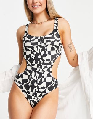 Monki side cut out swimsuit in black and white graphic print-Multi