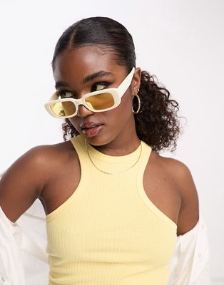 Monki small rectangle sunglasses in cream with yellow tinted lenses-White