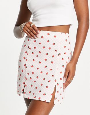 Monki split front mini skirt in strawberry plaid-Pink