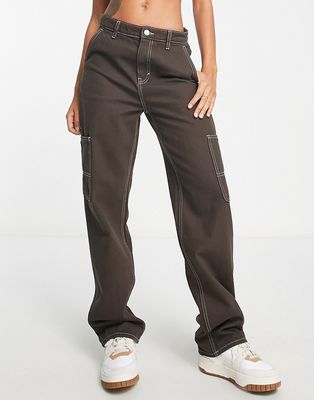 Monki straight leg cargo jeans in brown