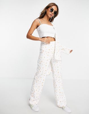 Monki straight leg tailored pants in white blossom print - part of a set-Multi