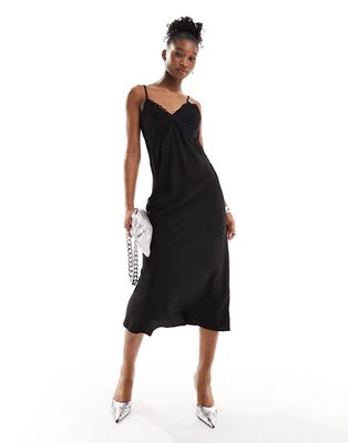 Monki strappy maxi slip dress with lace detail in black