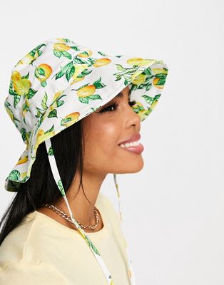 Monki sun hat with chin tie in lemon print-Multi