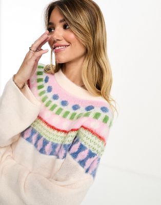 Monki sweater with colorful collar pattern in cream-White