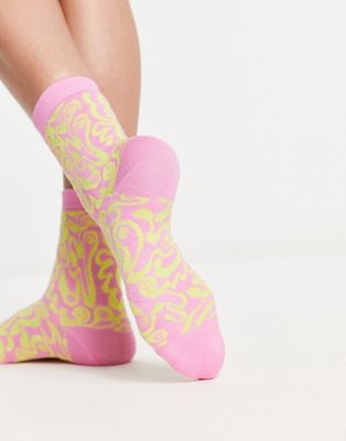 Monki swirl print ankle sock in pink and green-Multi