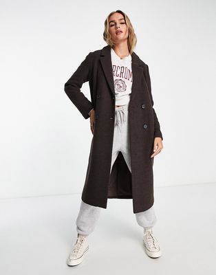 Monki tailored double breasted longline coat in brown