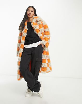Monki teddy coat in checkerboard orange and beige-Multi