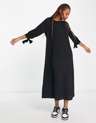 Monki tie sleeve smock midi dress in black