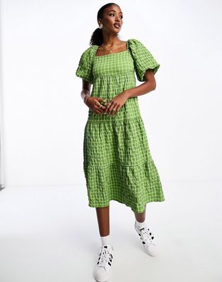 Monki tiered midi smock dress with puff sleeves in green check-Multi