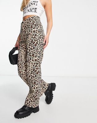 Monki twill straight leg pants in leopard print-Brown